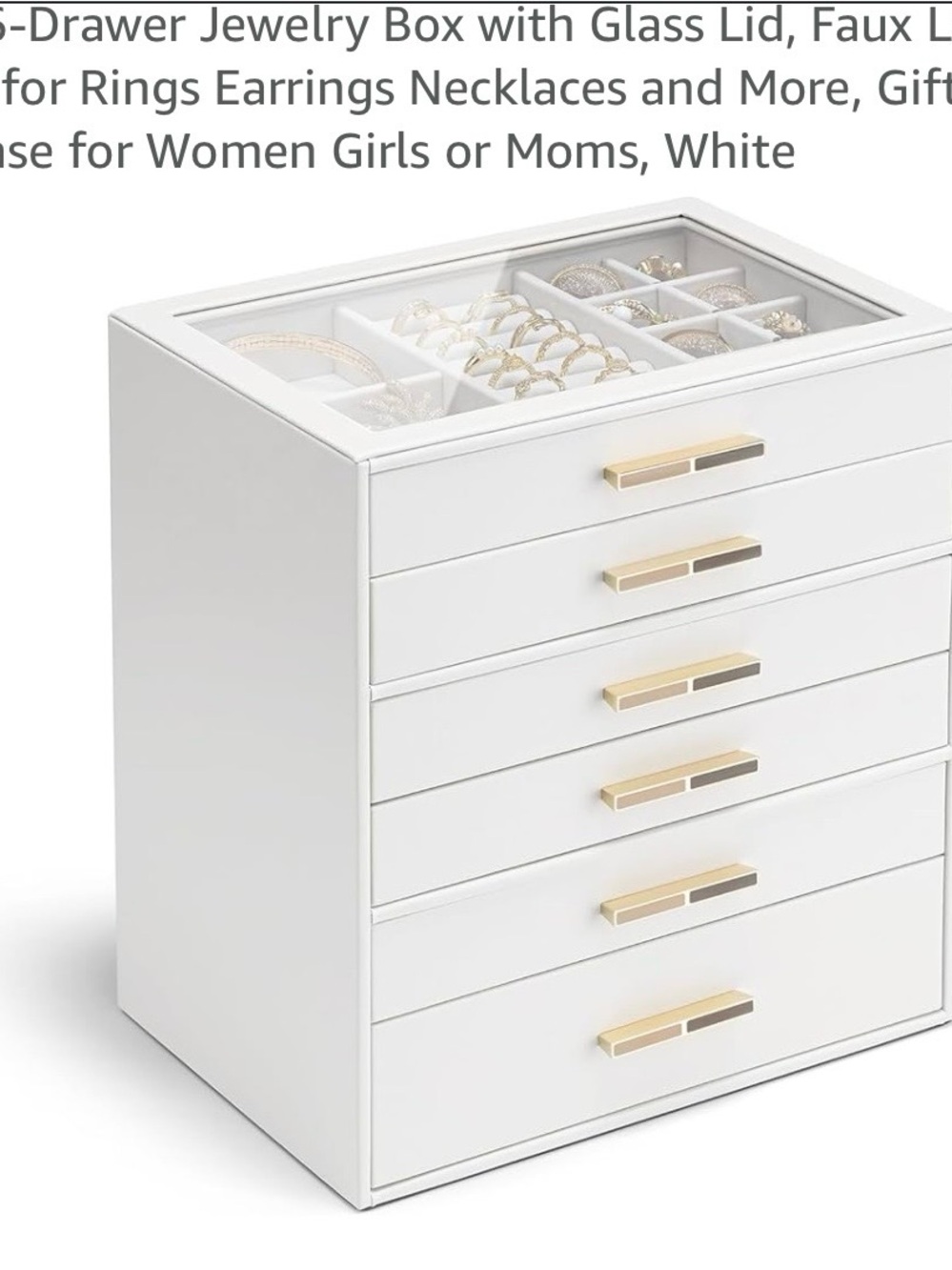 Vlando White 6-Drawer Jewelry Organizer with Glass Top and Gold Handles